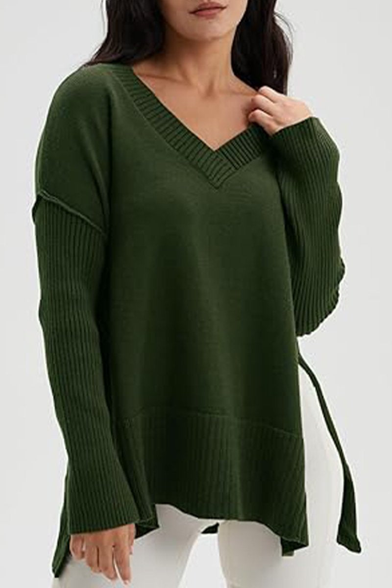 Women's V-neck Slit Knit Blouse green