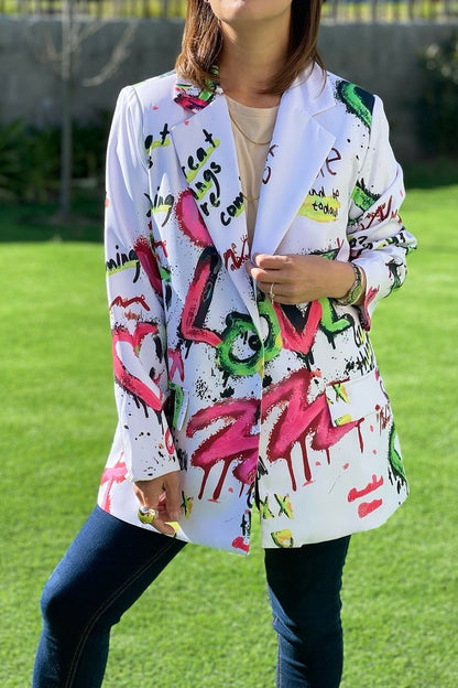 Women's Spring-fall Letter-print Blazer with Lapel white