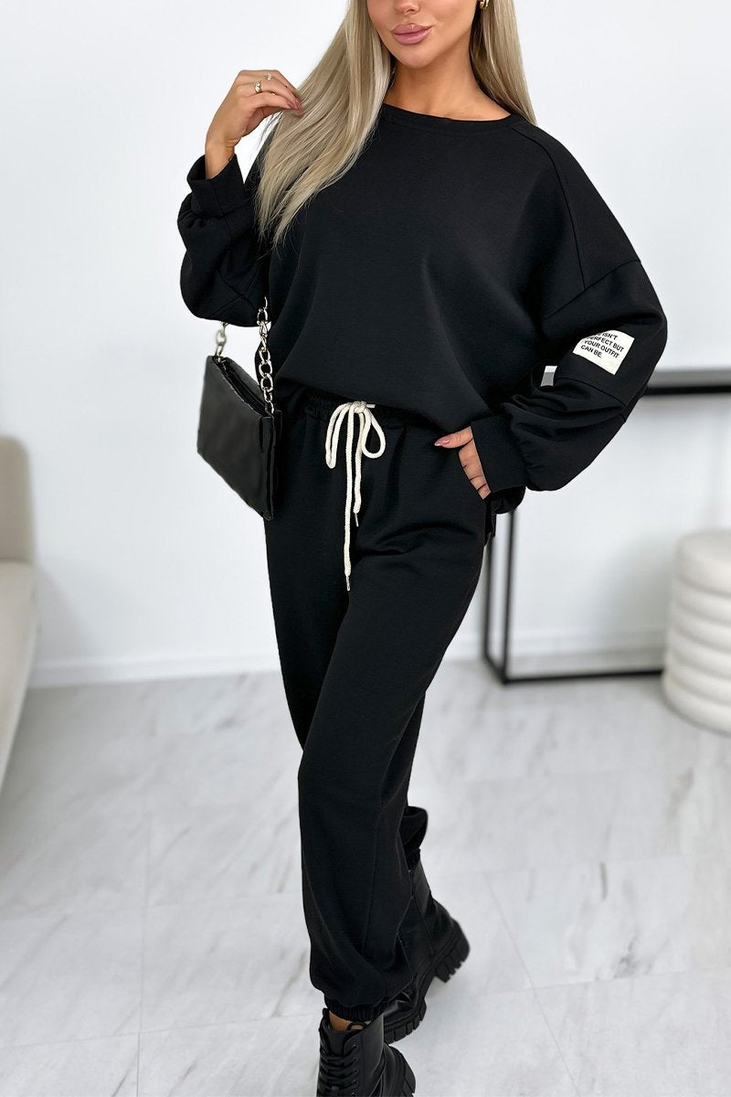 Women's Casual Round Neck Long Sleeve Two Piece Suit black