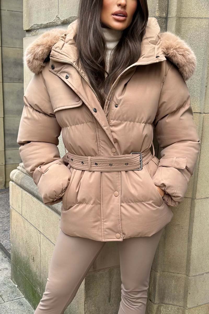 Women's casual faux fur hooded short cotton coat Khaki