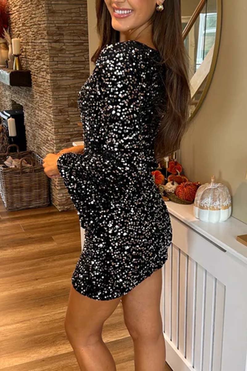 Women's Fashionable Sequin Bell Sleeve Dress