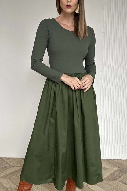 Women's solid color long sleeve knitted patchwork pleated dress Dark Green