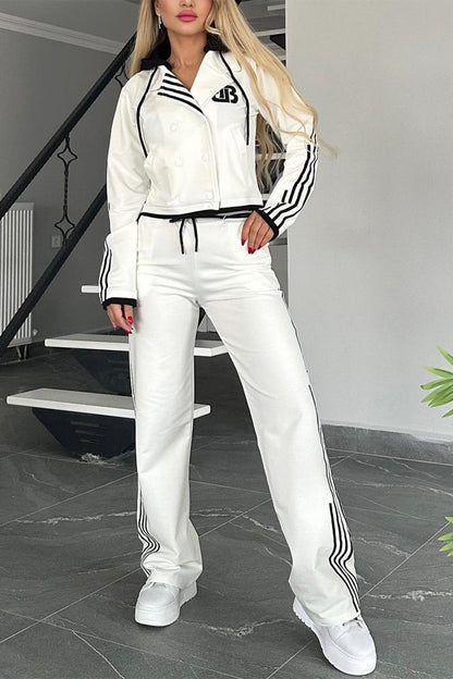 Women's Contrast Web Hooded Pants Suit White