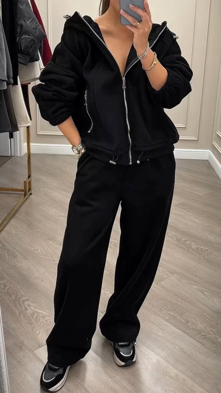 Women's Solid Color Hoodies and Trousers Two-piece Set black