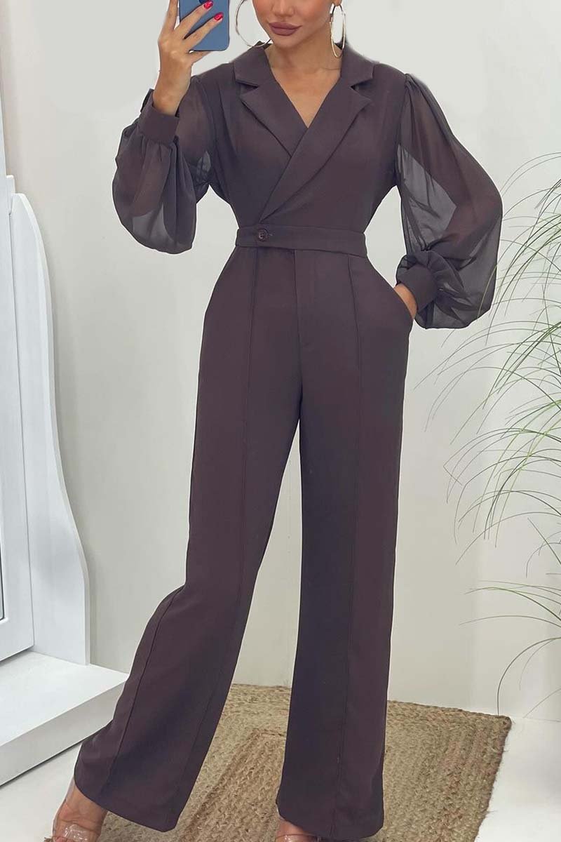 Women's fashionable sleeve patchwork mesh solid color lapel jumpsuit