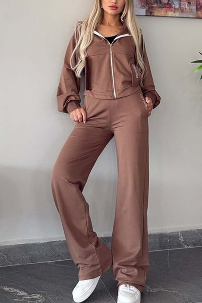 Women's Casual Hooded Solid Color Sports Suit Brown