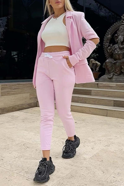 Women's Fashion Hollow Sleeve Solid Color Suit Pink