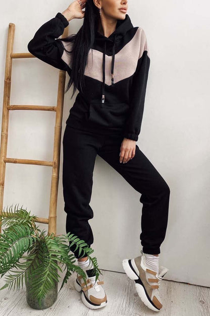 Women's Athleisure Contrast Color Sweatshirt Hooded Suit Black