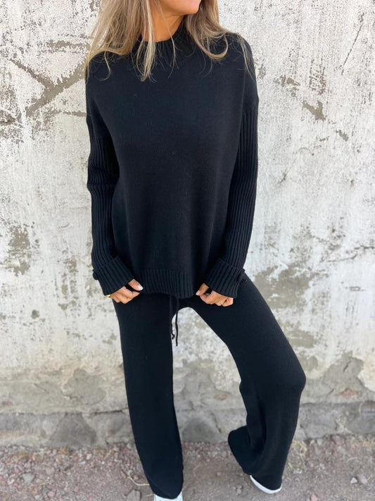 Casual Round Neck Long Sleeve Two Piece Suit Black