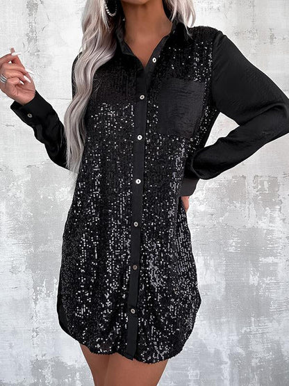 Women's Lapel Long Sleeve Shirt Dress black