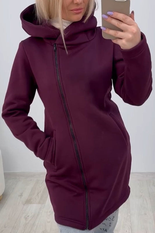 Women's Casual Solid Color Zipper Hooded Cardigan wine