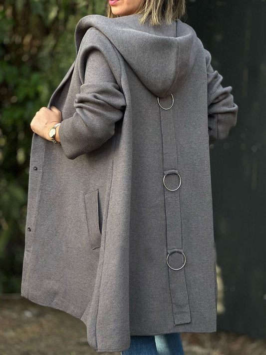 Women's Solid Color Woolen Fabric Hooded Cape Jacket Dark gray