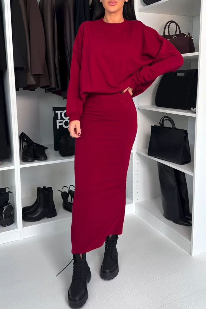 Women's Round Neck Long-sleeved Top and Waist Skirt Two-piece Set red