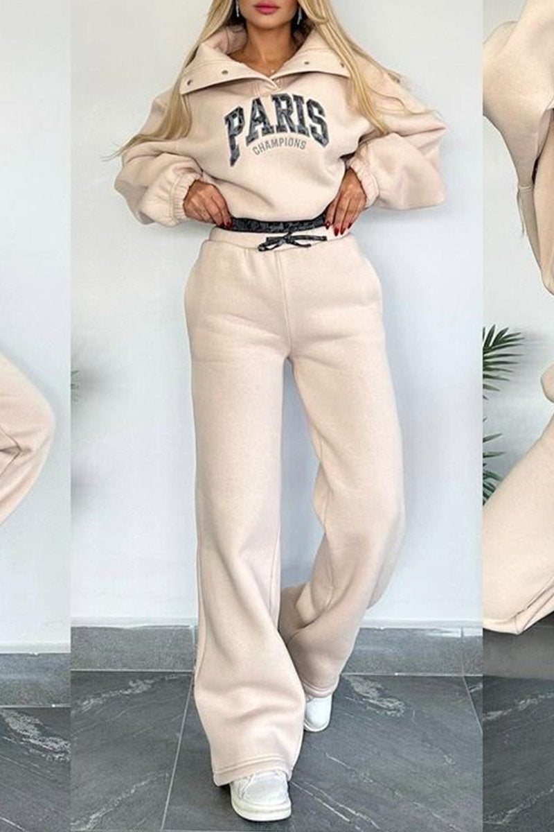 Women's Lapel Long-sleeved Half-zipper Letter Print Casual Suit apricot