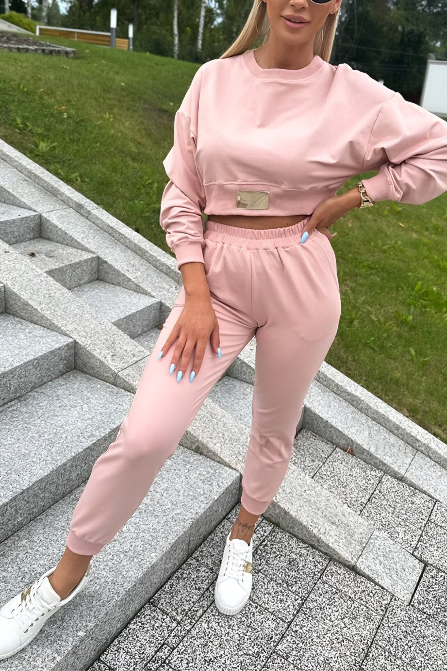 Women's Casual Round Neck Long Sleeve Two Piece Suit light pink