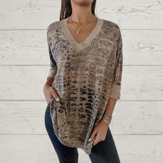 Casual V-neck Printed Top brown