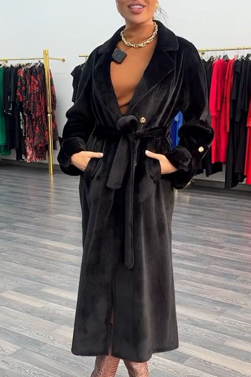 Women's Solid Color Lace-up Long Coat black