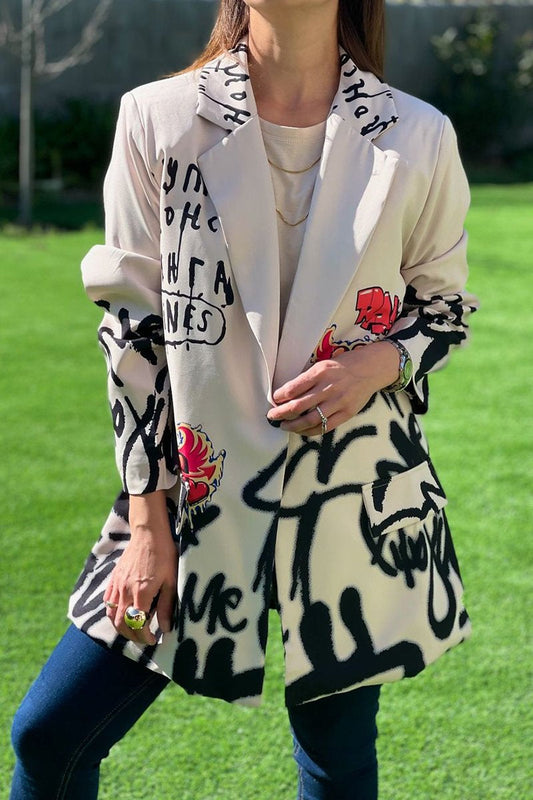 Women's Spring-fall Letter-print Blazer with Lapel white