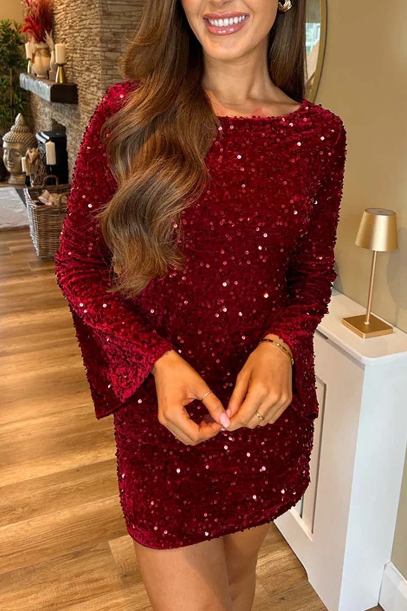 Women's Fashionable Sequin Bell Sleeve Dress