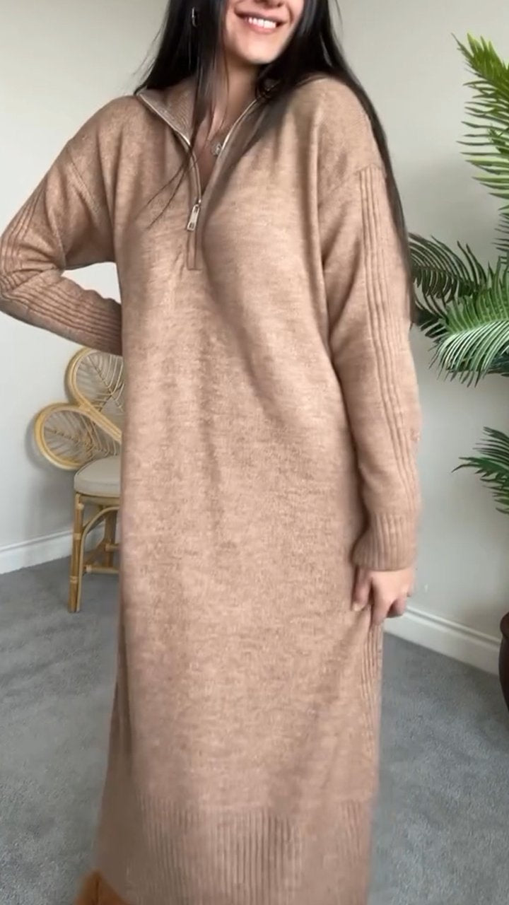 Solid Color Knit Dress for Women brown