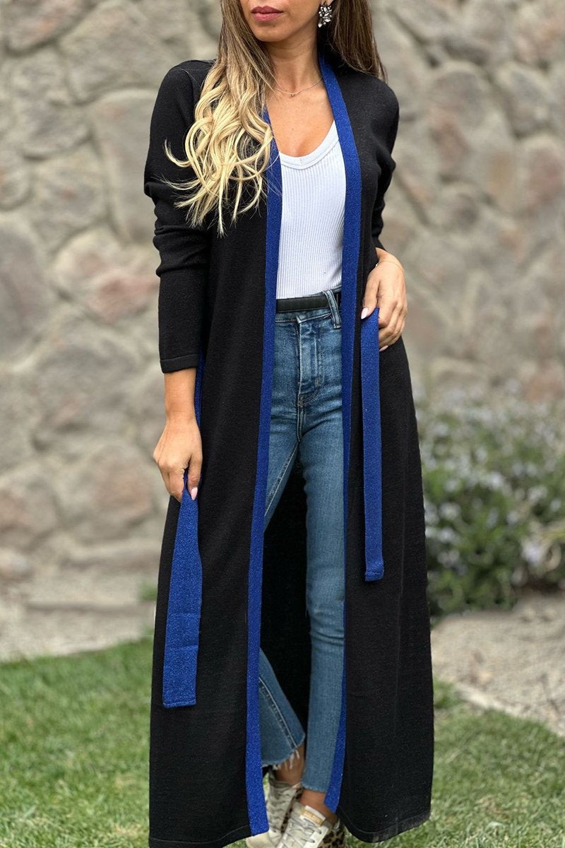 Women's Casual Contrast Color Knitted Long Cardigan Blue