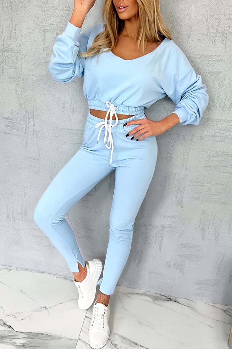 Women's Casual Drawstring Cropped Sweatshirt Set Blue