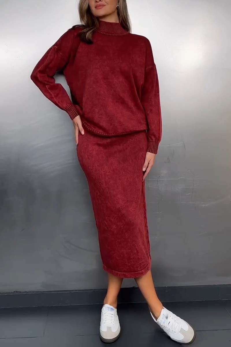 Women's casual high collar knitted skirt suit Wine Red