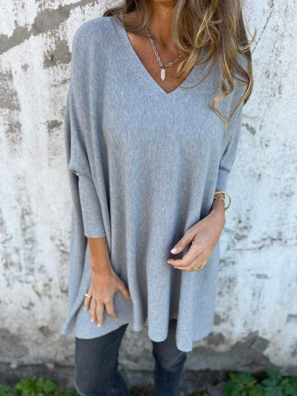 Women's V-neck Long-sleeved Knitted Casual Top grey