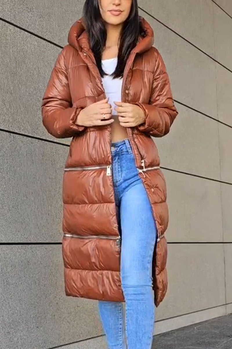 Women's Solid Color Long Zipper Patchwork Coat