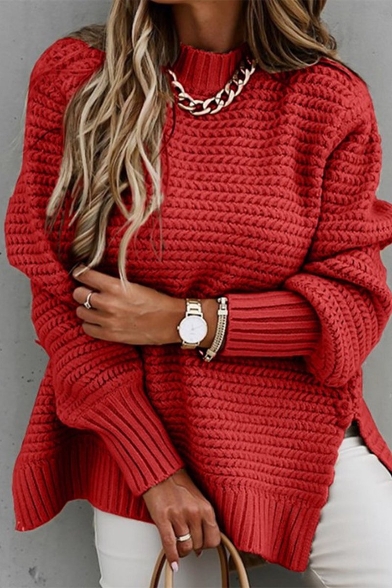 Women's Half-high Collar Solid Color Side-slit Knitted Sweater red