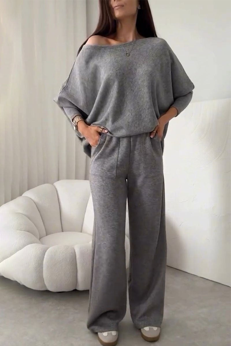 Women's Off-shoulder Long-sleeved Sweatshirt Two-piece Set grey