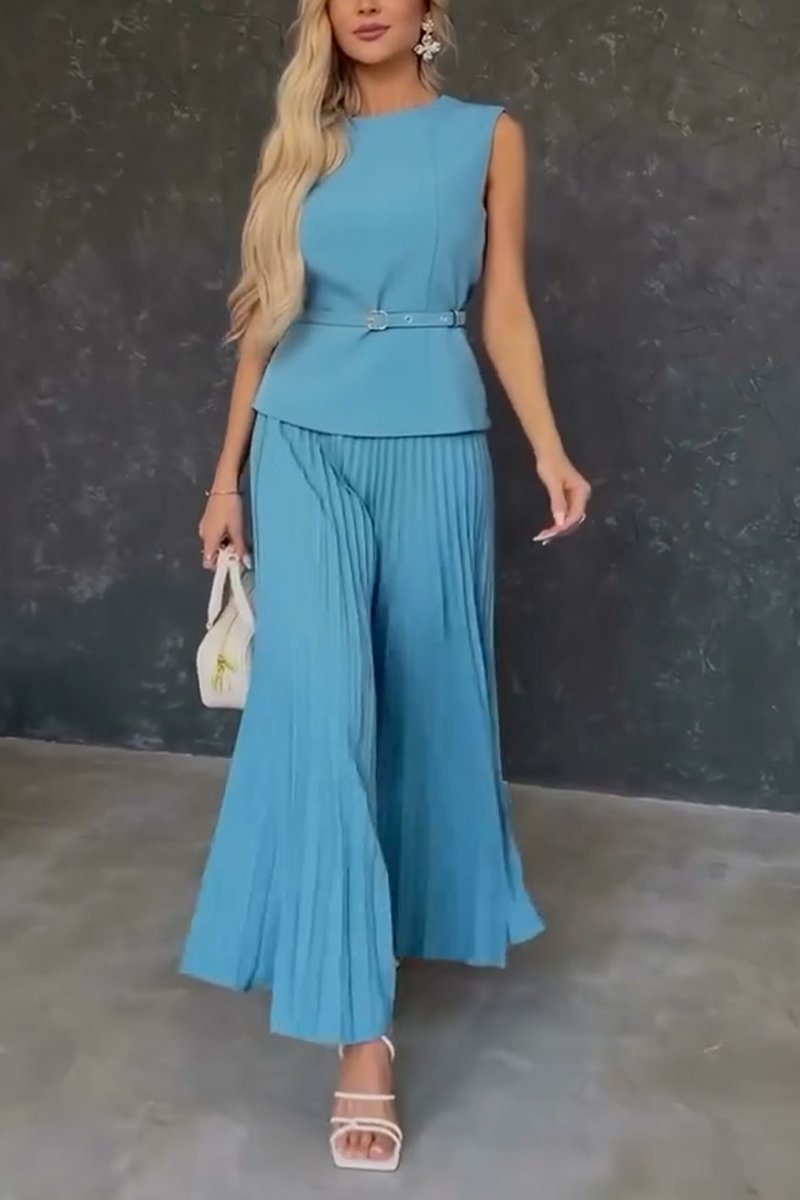 Women's Fashion Round Neck Vest + Pleated Skirt Two-piece Set blue