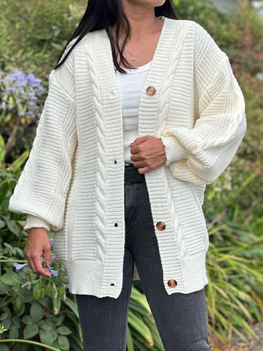 Women's V-neck Long-sleeved Knitted Cardigan white