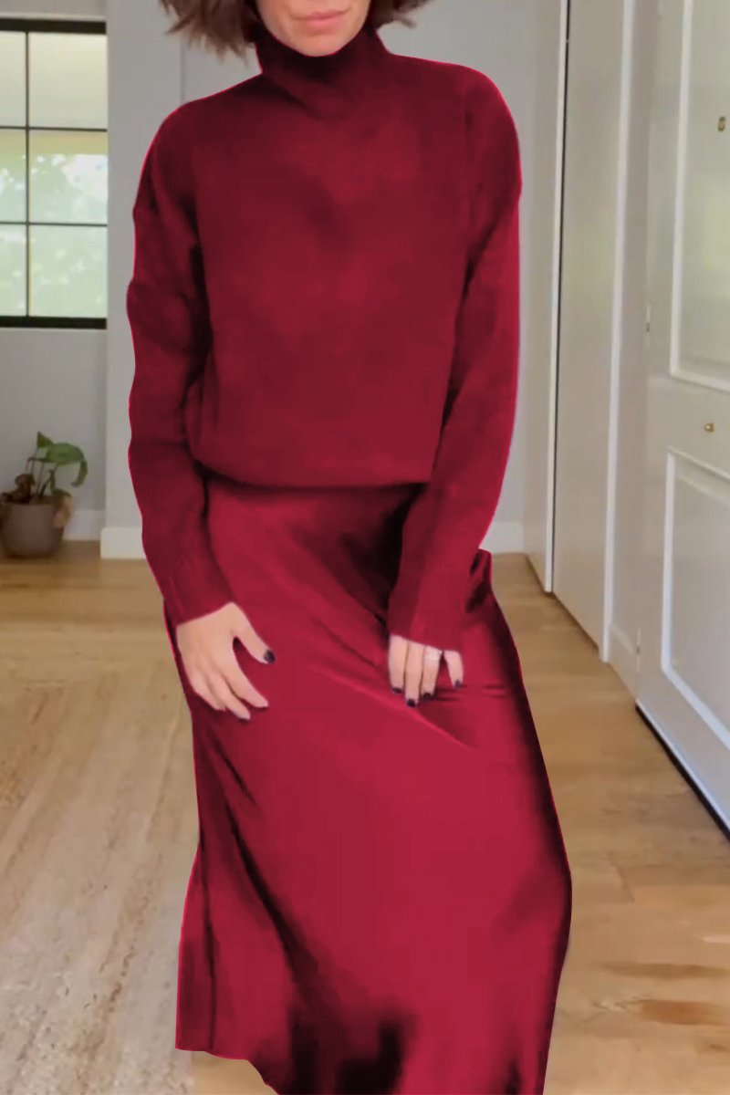 Women's Long Sleeve Suit and Skirt Two Piece Set red suit