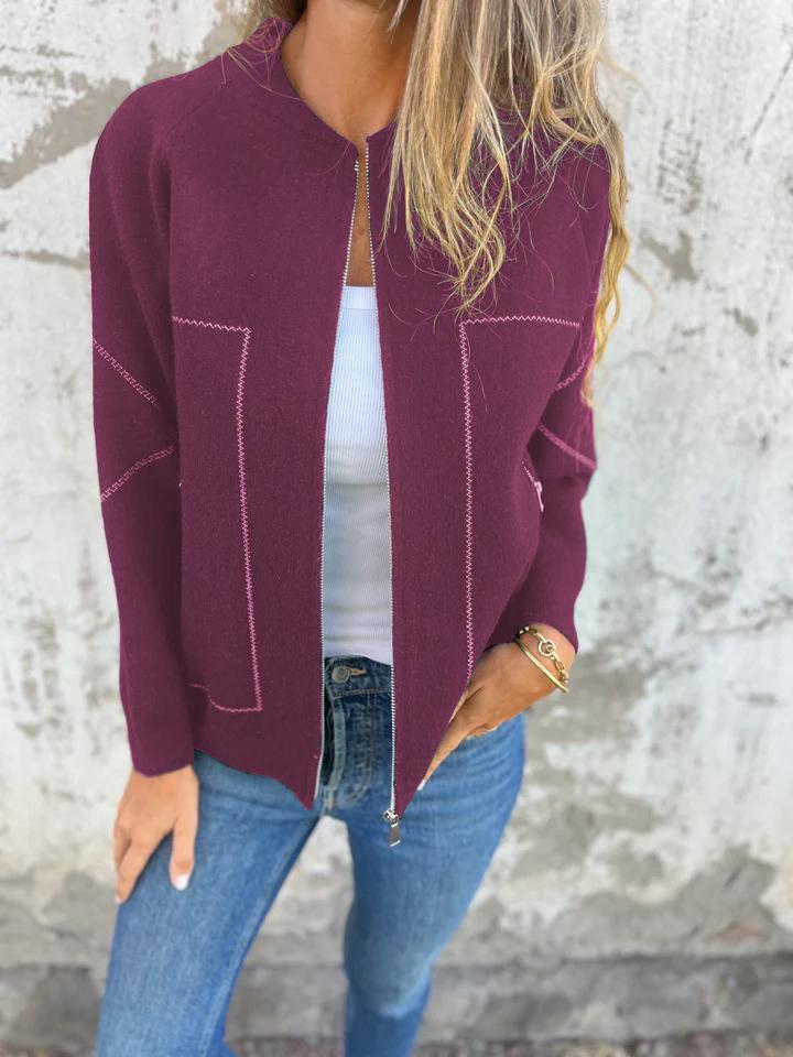 Casual Round Neck Zipper Thin Jacket purple