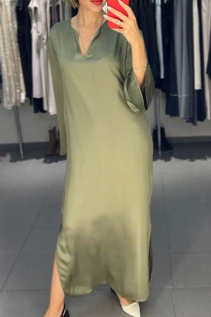 Women's Solid Color Casual Long Sleeve Dress amry green