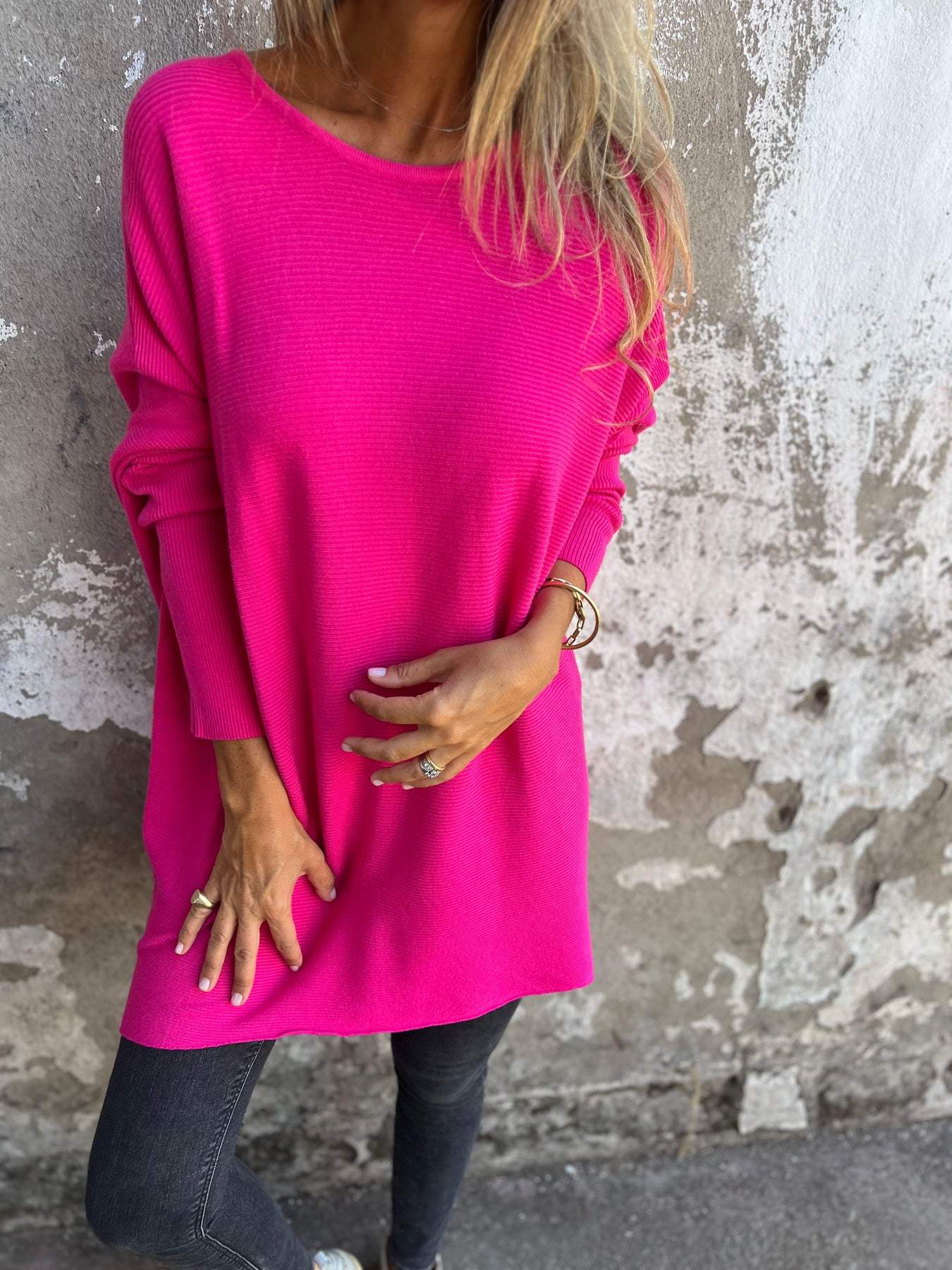 Round Neck Long Sleeve Knitted Top rose red