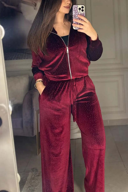 Women's Casual Diamond Velvet Suit Wine Red