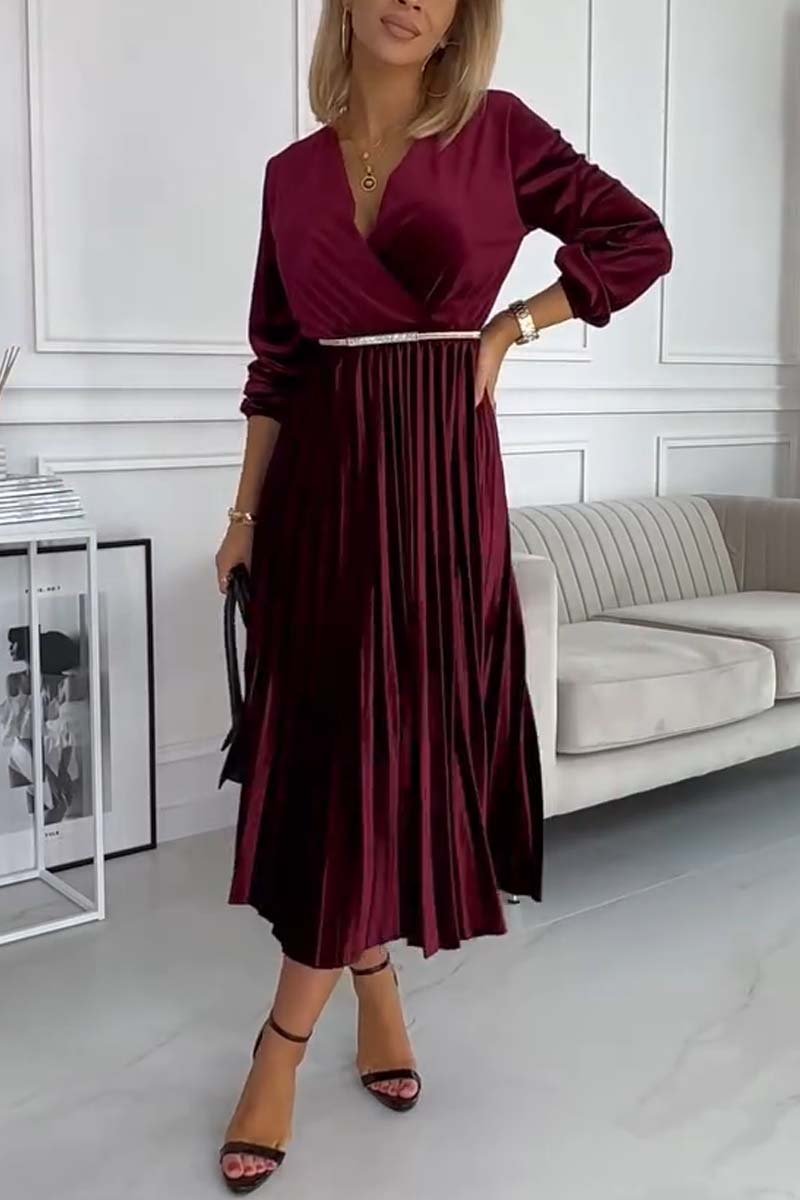 Women's Elegant Hem Gathered Velvet Dress Wine Red