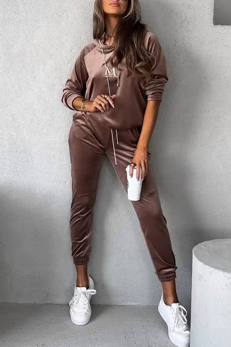 Women's Hooded Long Sleeve Sweatshirt Two Piece Set brown