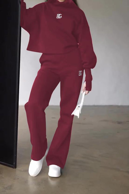 Women's letter embroidered sleeves slimming sweatshirt suit burgundy