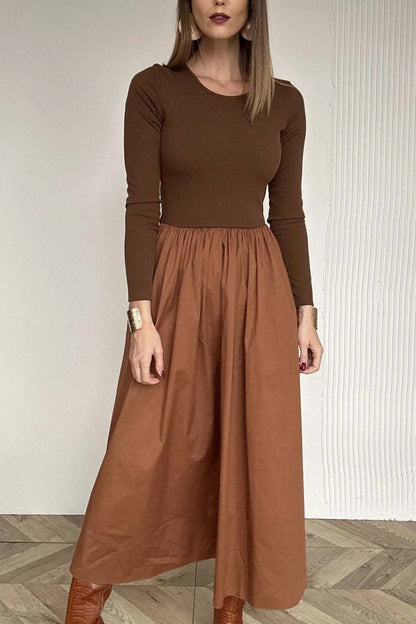 Women's solid color long sleeve knitted patchwork pleated dress Coffee