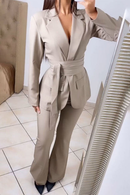 Women's V-neck Solid Color Two-piece Suit khaki