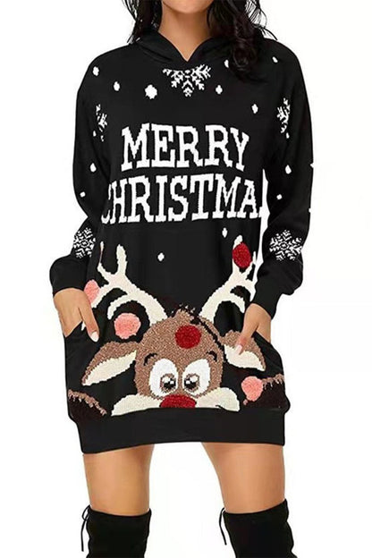 Women's Casual Christmas Printed Long Sleeve Hooded Dress black