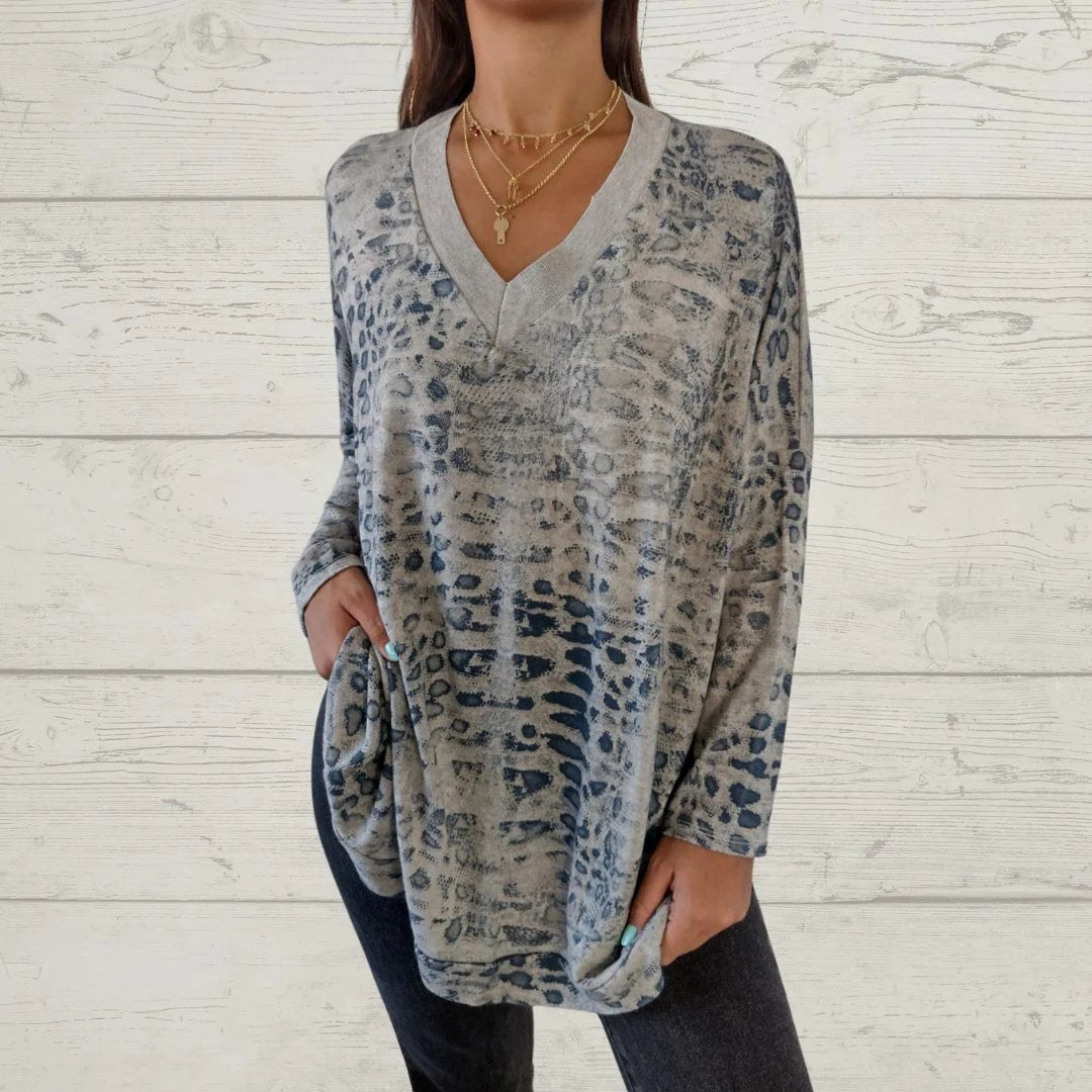 Casual V-neck Printed Top gray