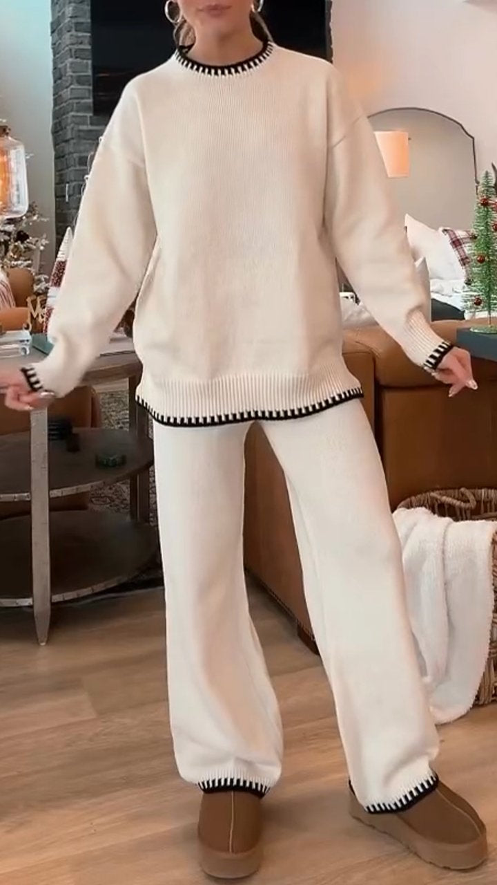 Women's Round Neck Long Sleeve Sweater Casual Suit off-white