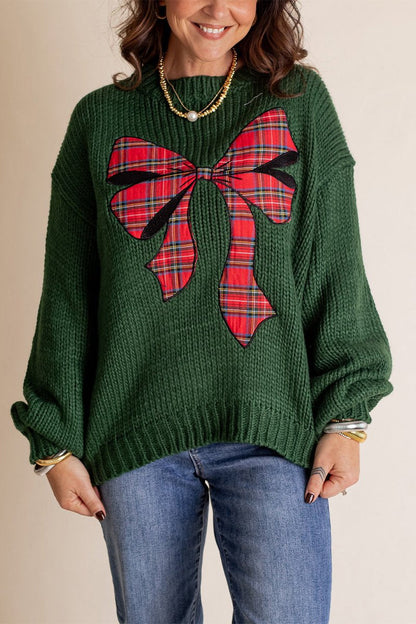 Women's Christmas Knitted Bow Sweater Dark green