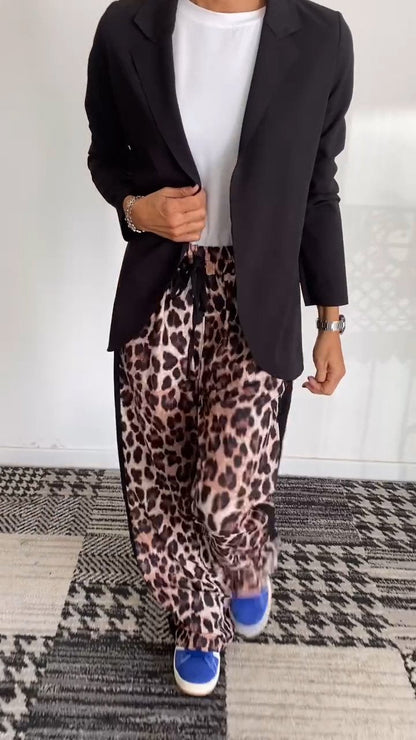 Women's Solid Color Suit Jacket Leopard Pant Suit