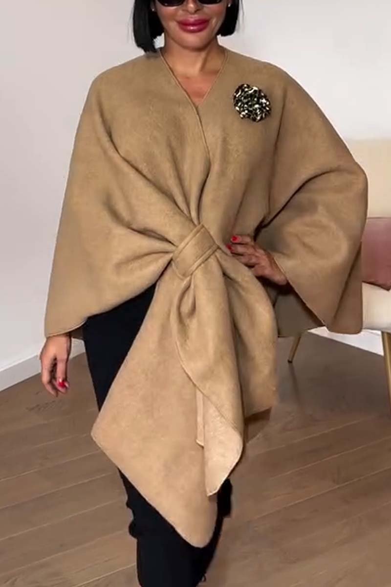 Women's irregular design bat sleeve solid color shawl Khaki