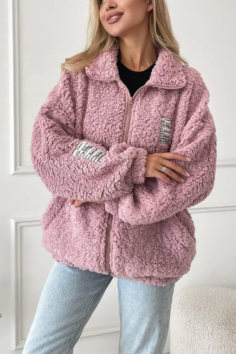 Women's Casual Lapel Lamb Wool Coat pink